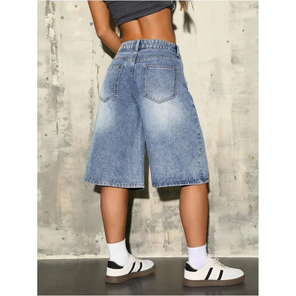 Women's Baggy Denim Shorts Casual Wide Leg Bermuda Jean 32